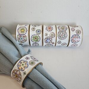 Set Of 6 Floral Enamel Brass  Napkin Rings Holders Flower